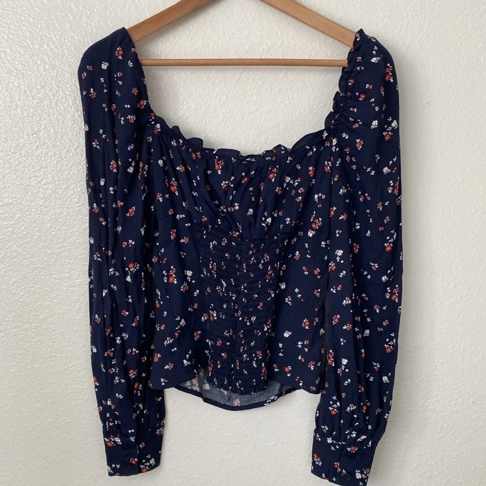 Reformation Navy Blue Floral Square-Neck Puff Sleeve Top